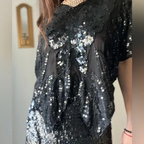Vintage Sequins Butterly Silk Blouse Size M - Picture 2 of 11
